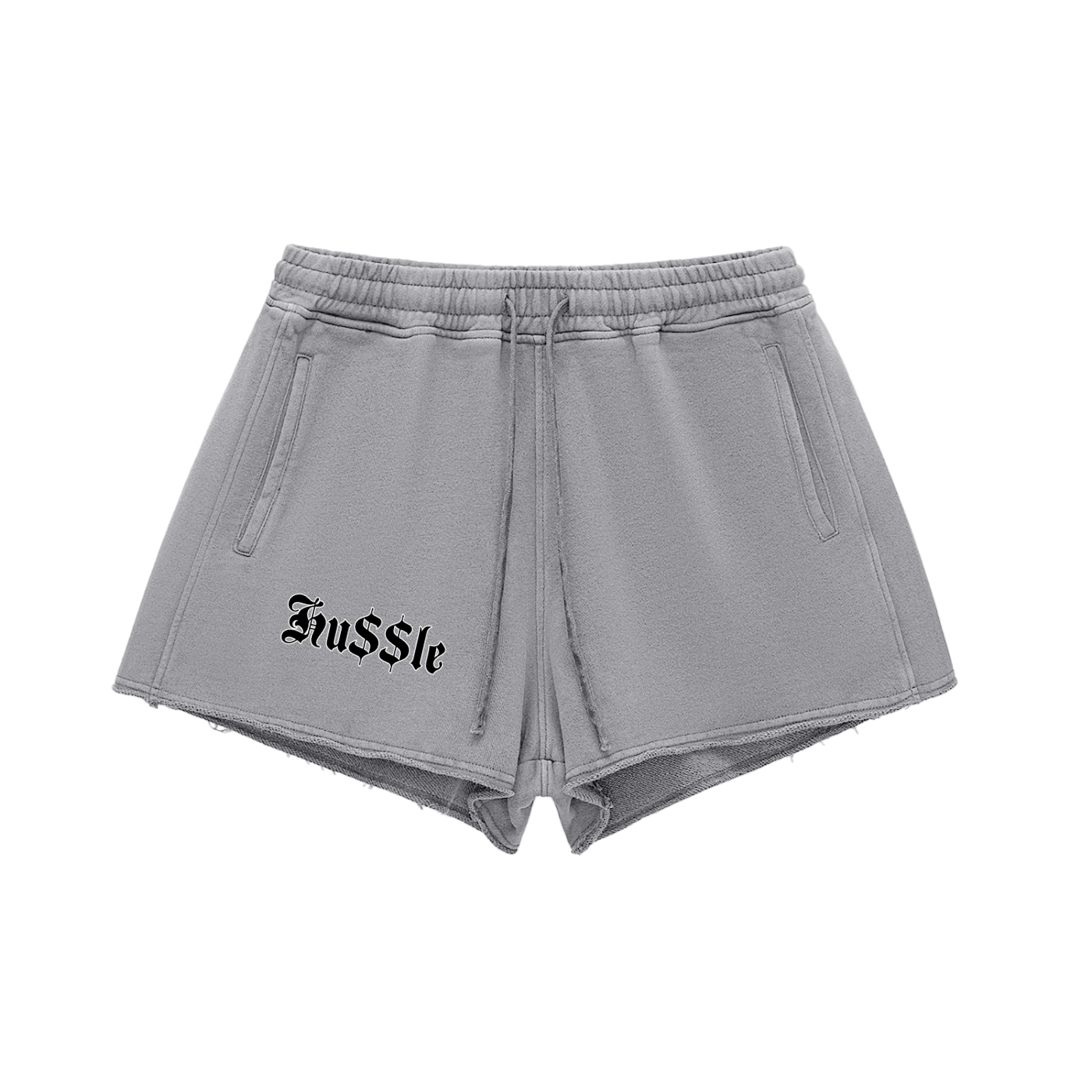 "Hussle" Snow Washed Raw Edge Drawstring Shorts